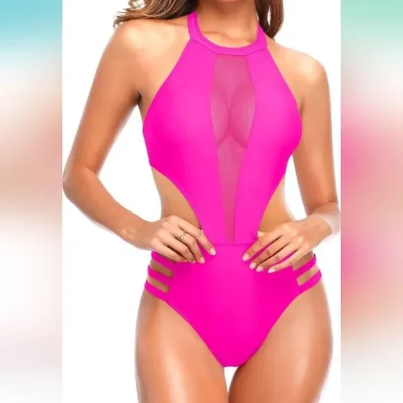 Tempt Me Hot Pink Sexy Mesh High Neck Halter Cutout Swimsuit Size Med NWT - Picture 2 of 5